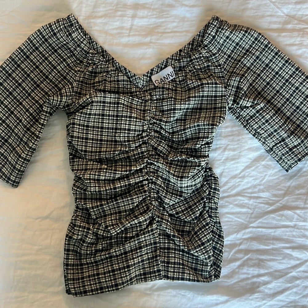 GANNI ruched seersucker top